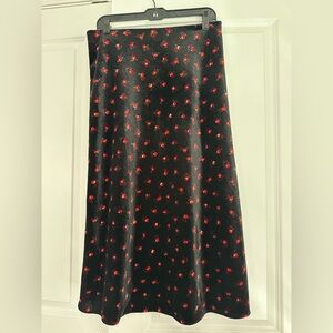 LOFT Black Velvet A-Line Skirt with Red Rose Print